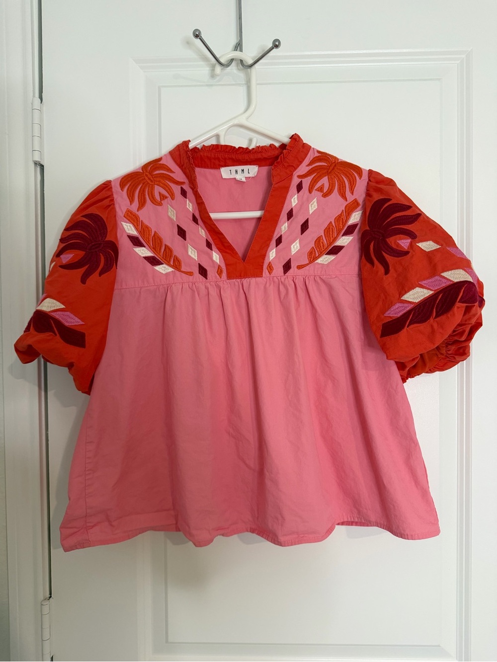 THML Pink Top with Red Embroidered Puff Sleeves